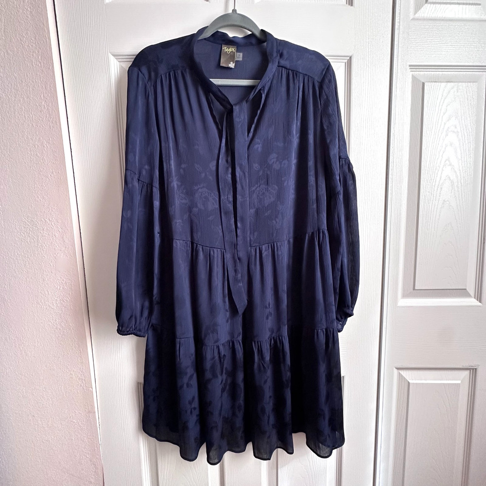 Taylor Sheer Navy Floral Jacquard Tiered A Line Long Sleeve Tie Neck Dress Sz 12